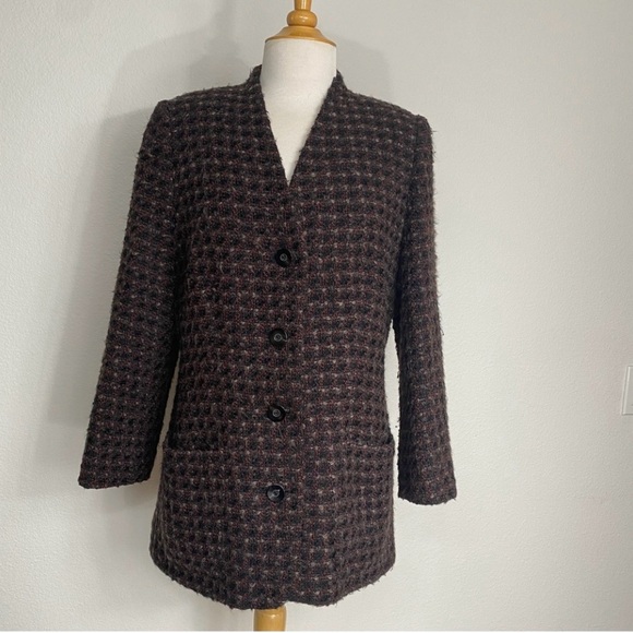Vintage Jaeger Brown Black Plaid Wool Pocket Blazer Jacket Size 12/14 Classic - Picture 1 of 16